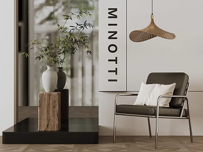 Modern Leisure Chair With White Cushion Metal Frame In Interior With Plant Pendant Light 3d model