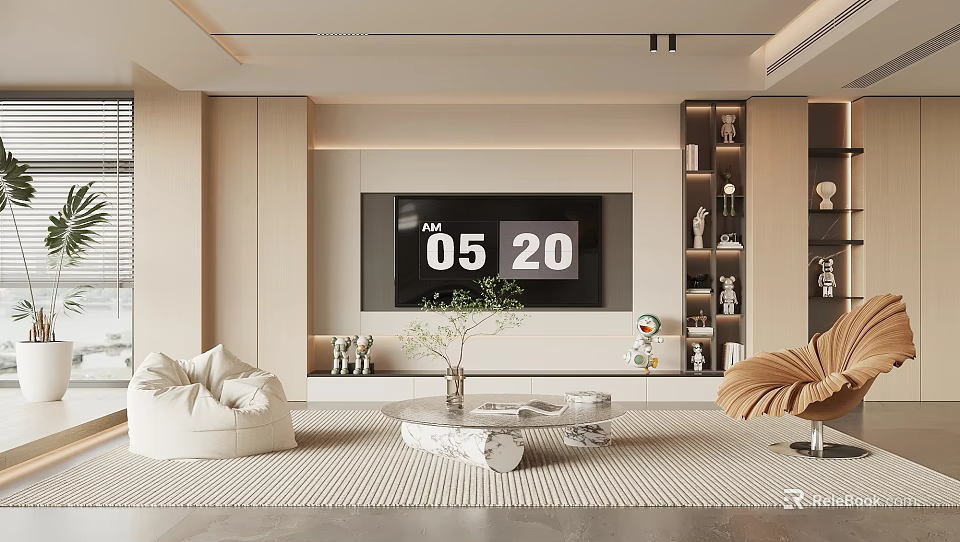 Modern Living Room Interior With TV Wall Round Coffee Table And Decorative Items 3d model 
