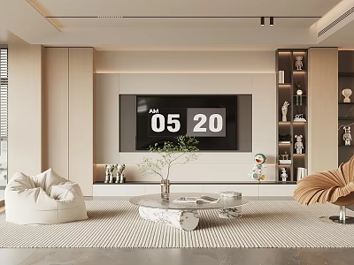 Modern Living Room Interior With TV Wall Round Coffee Table And Decorative Items 3d model