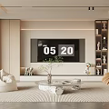 Modern Living Room Interior With TV Wall Round Coffee Table And Decorative Items