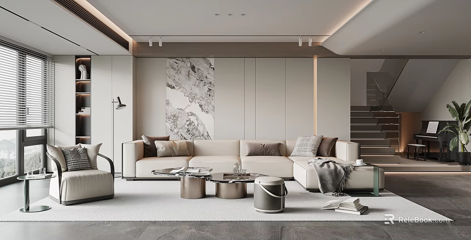 Modern Living Room Interior Design With Beige Sofa Marble Wall Art And Round Coffee Tables 3d model 