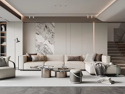 Modern Living Room Interior Design With Beige Sofa Marble Wall Art And Round Coffee Tables 3d model