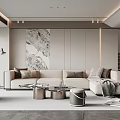 Modern Living Room Interior Design With Beige Sofa Marble Wall Art And Round Coffee Tables