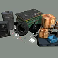 Assorted Discarded Junk Items Featuring Trash Cans Cardboard Boxes Tire and Pallet Debris