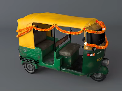 Colorful Auto Rickshaw With Yellow Roof Green Body And Orange Garland Decorations 3d model