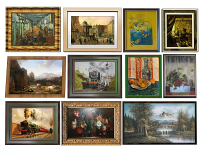 Collection of Framed Oil Paintings with Diverse Art Themes and Styles 3d model