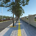 Municipal Road Sidewalk With Yellow Guide Stripes Trees Street Lamps And Stone Railings