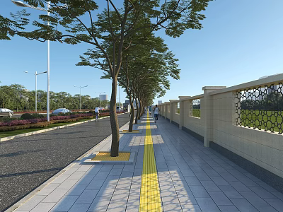 Municipal Road Sidewalk With Yellow Guide Stripes Trees Street Lamps And Stone Railings 3d model