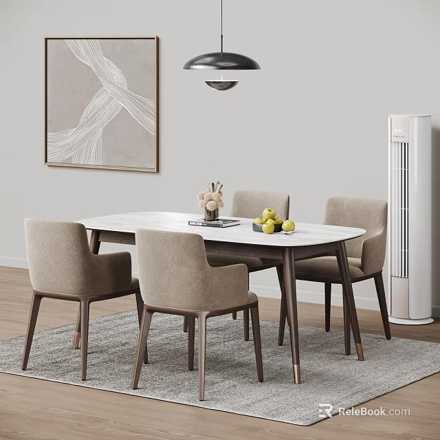 Modern Dining Table Set With Beige Chairs White Top And Fruit Decor 3d model 