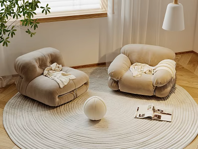 Beige Velvet Casual Sofa Set With Blankets On Round Rug Wooden Floor 3d model
