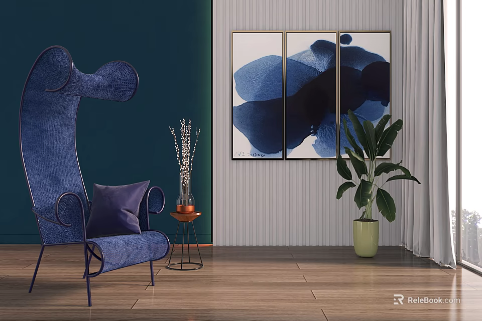 Blue Accent Leisure Chair In Living Room With Abstract Paintings Green Plant And Dark Green Wall 3d model 