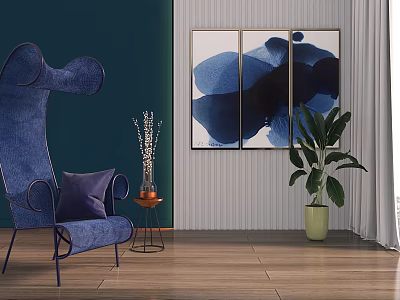 Blue Accent Leisure Chair In Living Room With Abstract Paintings Green Plant And Dark Green Wall 3d model