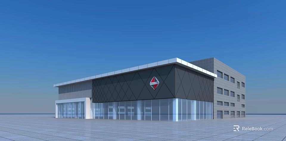 Modern Building Exterior With Glass Facade Black Gray Walls White Eaves And Red Diamond Logo 3d model 