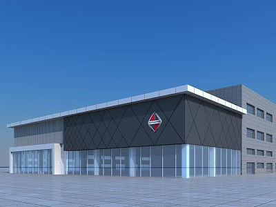 Modern Building Exterior With Glass Facade Black Gray Walls White Eaves And Red Diamond Logo 3d model