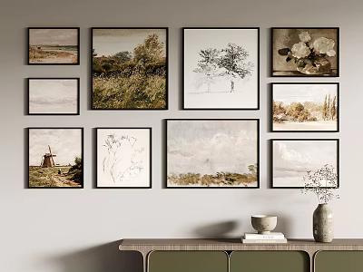 Art Prints Gallery Wall In Living Room With Console 3d model