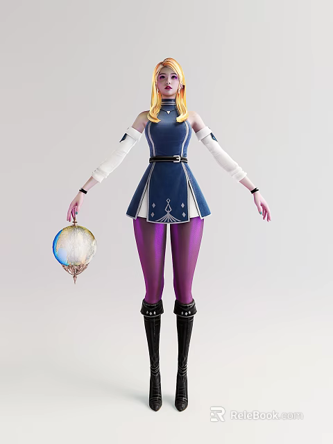 Game Movie Character With Blonde Hair Blue Dress White Sleeves Holding Orb And Purple Leggings 3d model 