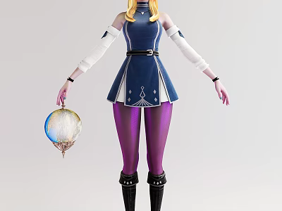 Game Movie Character With Blonde Hair Blue Dress White Sleeves Holding Orb And Purple Leggings 3d model