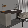 Modern Dark Brown Desk with Table Lamp Open Book Vase with Plant and Beige Chair