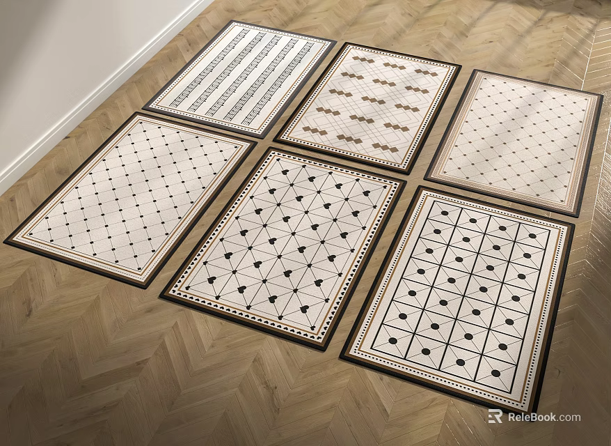 Decorative Square Rugs Featuring Various Geometric Patterns On Herringbone Wooden Floor 3d model
