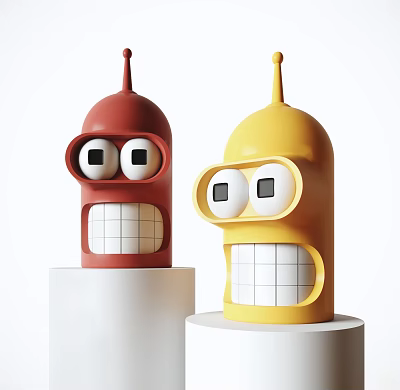 Red and Yellow Capsule Shaped Dolls with Big Eyes and Open Mouths on White Pedestals 3d model