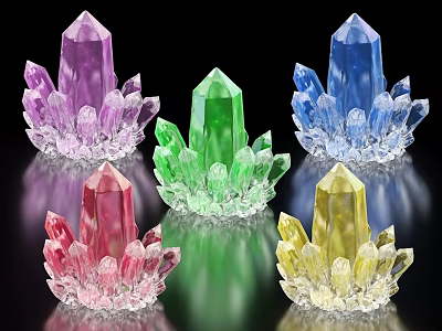 Colorful Crystal Stone Decorative Pieces with Various Colors and Shiny Clusters on Black Background 3d model