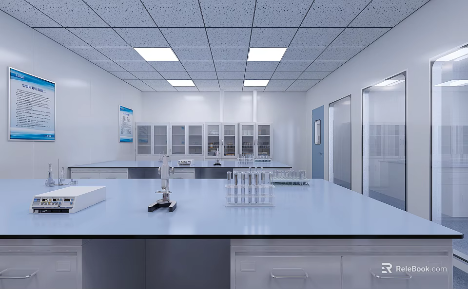 Modern Laboratory Interior Featuring Lab Benches Scientific Equipment And Ceiling Lighting 3d model