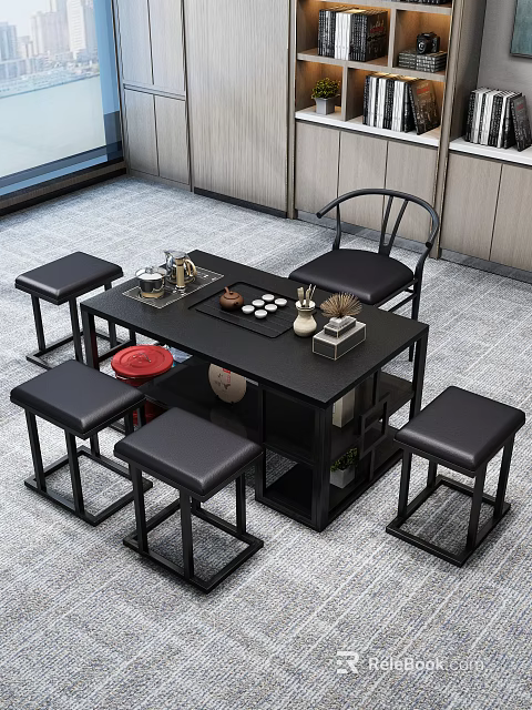 Modern Tea Table and Chairs with Tea Set Upholstered Black Stools and Storage Shelf 3d model 