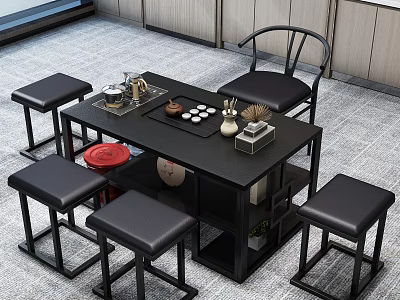Modern Tea Table and Chairs with Tea Set Upholstered Black Stools and Storage Shelf 3d model