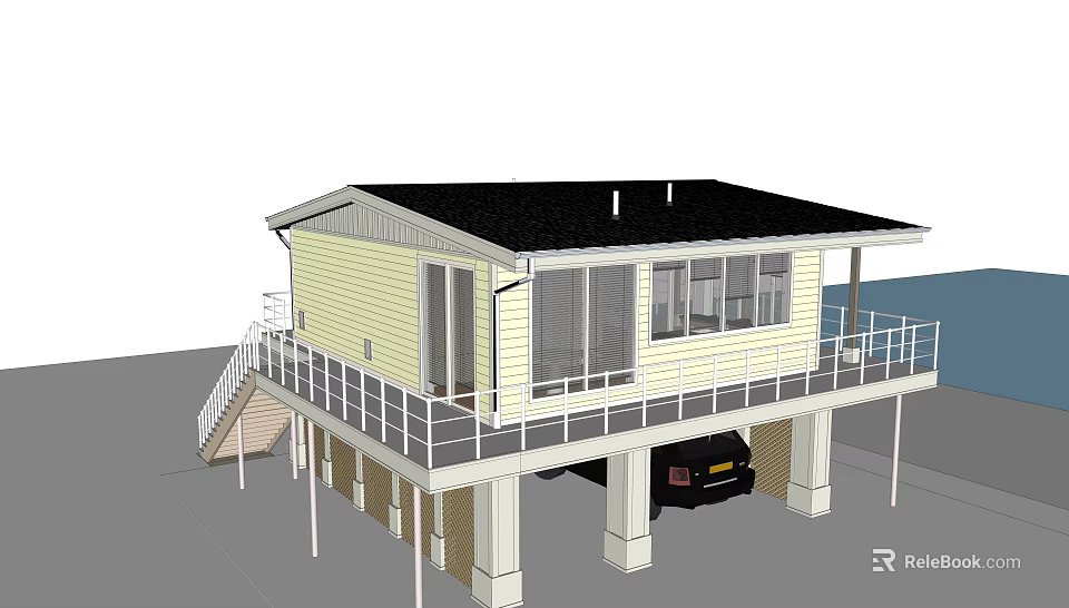 Wooden House With Yellow Exterior Black Roof Elevated Structure Front Balcony And Staircase 3d model 