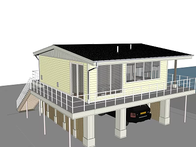 Wooden House With Yellow Exterior Black Roof Elevated Structure Front Balcony And Staircase 3d model
