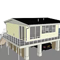 Wooden House With Yellow Exterior Black Roof Elevated Structure Front Balcony And Staircase