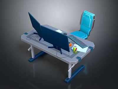 Modern Computer Desk Setup With Dual Monitors Blue Chair Keyboard Mouse And Desk Items 3d model