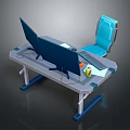 Modern Computer Desk Setup With Dual Monitors Blue Chair Keyboard Mouse And Desk Items