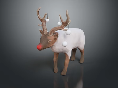 Christmas Reindeer Figurine With Red Nose White Body Brown Legs And Antlers With White Balls 3d model
