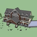 Two Story House Exterior With Brick Walls Large Windows Gabled Roof And Lawn Area
