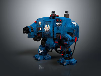 Detailed Blue Armored Battle Mech With Emblem Heavy Weapon And Red Accents 3d model