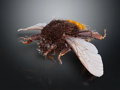 Close Up View Of Black And Yellow Fuzzy Bee With Transparent Wings Flying Insect 3d model