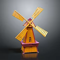 Small Vintage Decorative Windmill Model With Yellow Blades And Red Base