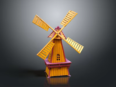 Small Vintage Decorative Windmill Model With Yellow Blades And Red Base 3d model