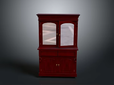 Classic Red Wooden Cabinet With Glass Doors And Carved Design Details 3d model