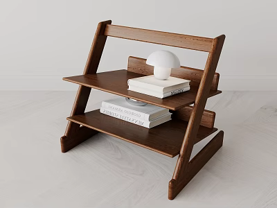 Modern Wooden Bookshelf With Layered Shelves Books White Lamp And Minimalist Design 3d model