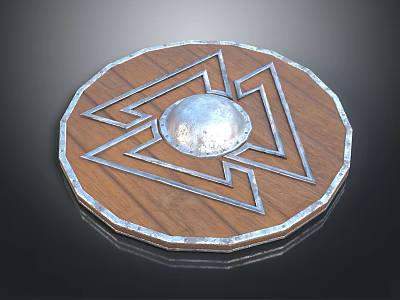 Traditional Wooden Shield With Central Metal Dome Geometric Patterns And Metallic Rim 3d model