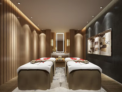 Luxury SPA Sauna Room With Massage Beds Wooden Walls And Decorative Paintings 3d model