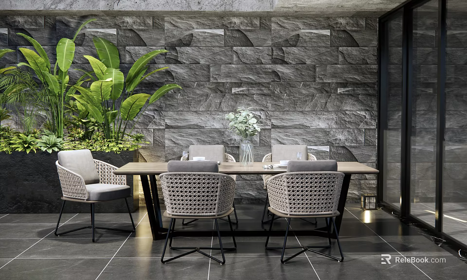 Modern Dining Table Set with Wicker Chairs Green Plants and Stone Wall 3d model