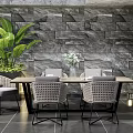 Modern Dining Table Set with Wicker Chairs Green Plants and Stone Wall 3d model