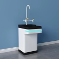 Modern Sink Vanity with White Faucet Yellow Knobs and Blue Light Strip Against Blue Wall