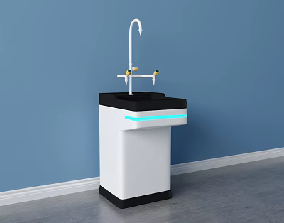 Modern Sink Vanity with White Faucet Yellow Knobs and Blue Light Strip Against Blue Wall 3d model