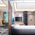 Modern Hotel Room Interior With Sofa Coffee Table TV Desk And Carpet
