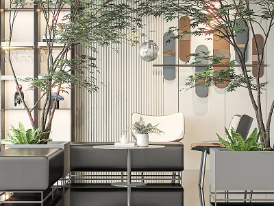 Modern Leisure Chair With Green Plants And Striped Wall Decor In Lounge Area 3d model