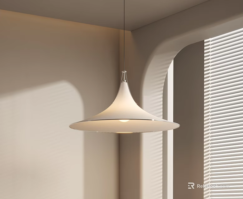 Modern Conical Pendant Light With White Shade Hanging In Interior Space Soft Ambient Glow 3d model